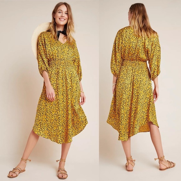 Anthropologie NWT Marigold Midi Dress Yellow Floral Flowers Midi Long Sleeve XS - Picture 1 of 8